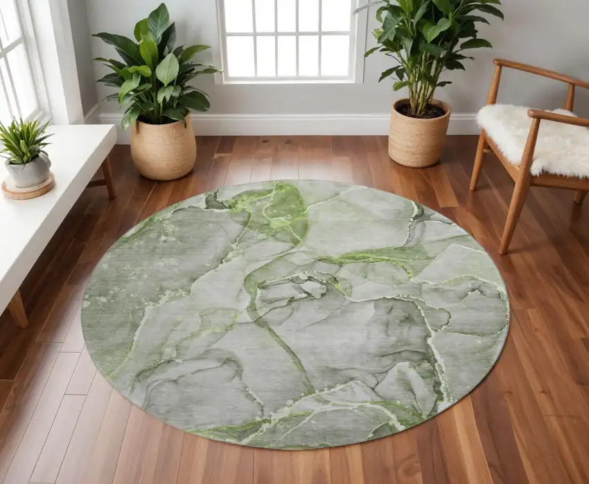8' Green And Ivory Abstract Washable Round Rug With UV Protection Photo 2