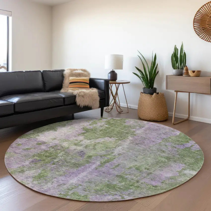 8' Green And Ivory Abstract Washable Round Rug With UV Protection Photo 5
