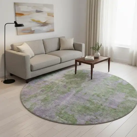 8' Green And Ivory Abstract Washable Round Rug With UV Protection Photo 2