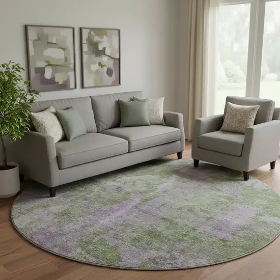 8' Green And Ivory Abstract Washable Round Rug With UV Protection Photo 1