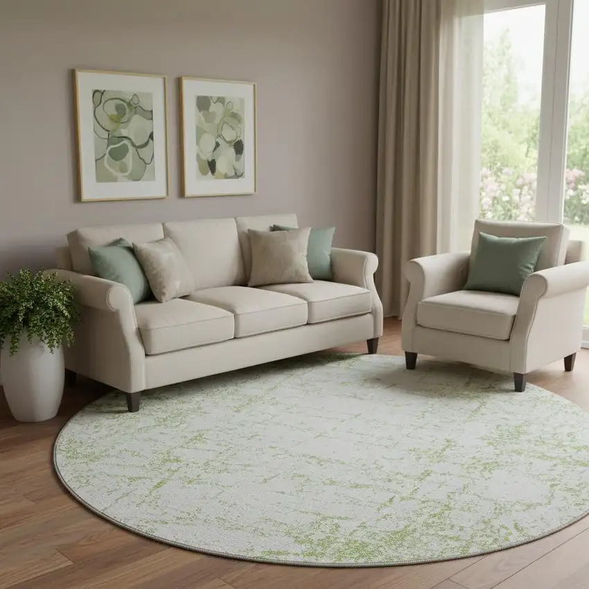 8' Green And Ivory Abstract Washable Round Rug With UV Protection Photo 1
