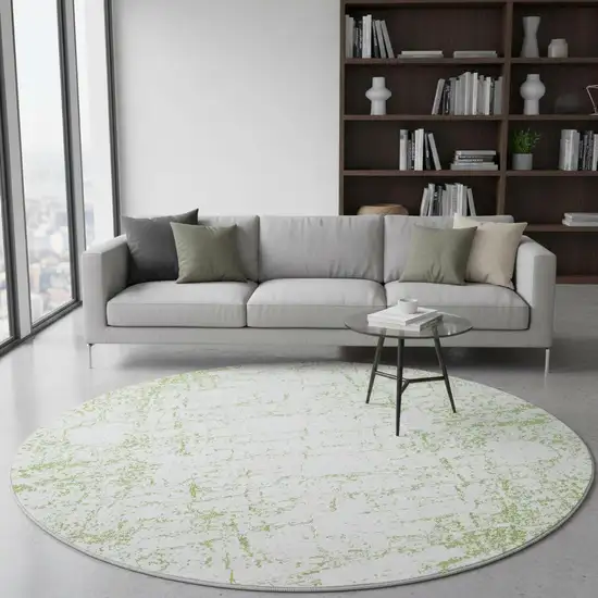 8' Green And Ivory Abstract Washable Round Rug With UV Protection Photo 2