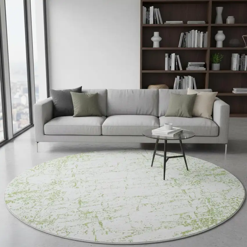 8' Green And Ivory Abstract Washable Round Rug With UV Protection Photo 2