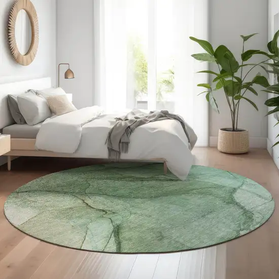 8' Green And Ivory Abstract Washable Round Rug With UV Protection Photo 5