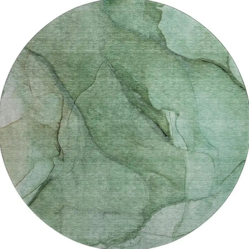 8' Green And Ivory Abstract Washable Round Rug With UV Protection Photo 3