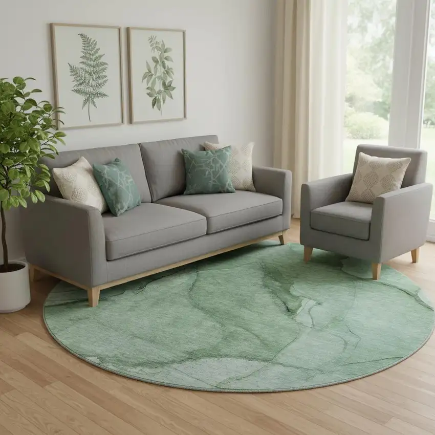 8' Green And Ivory Abstract Washable Round Rug With UV Protection Photo 1