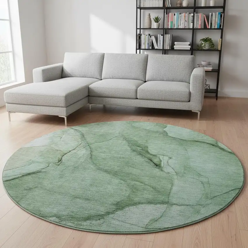 8' Green And Ivory Abstract Washable Round Rug With UV Protection Photo 2