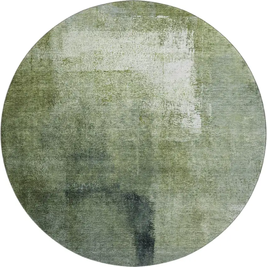 8' Green And Ivory Abstract Washable Round Rug With UV Protection Photo 1