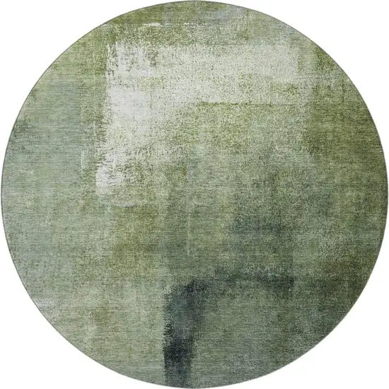 8' Green And Ivory Abstract Washable Round Rug With UV Protection Photo 5