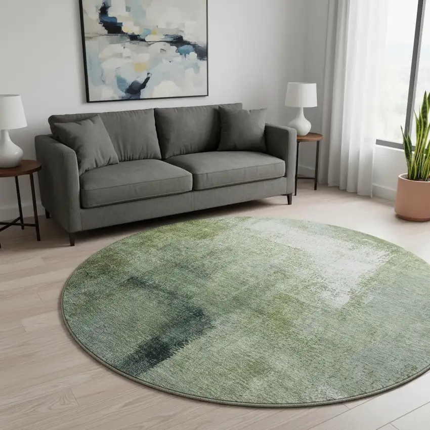 8' Green And Ivory Abstract Washable Round Rug With UV Protection Photo 2