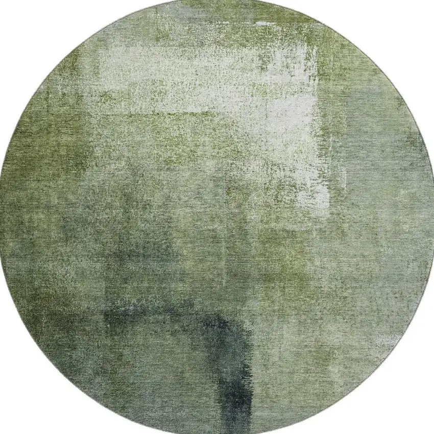8' Green And Ivory Abstract Washable Round Rug With UV Protection Photo 3