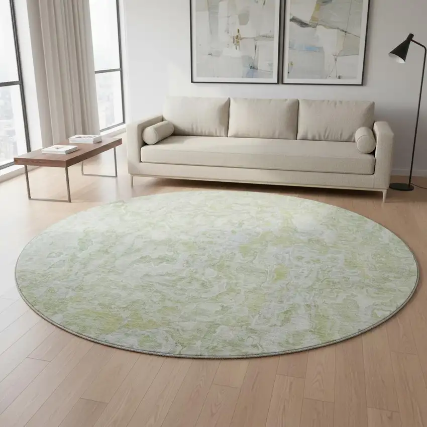 8' Green And Ivory Abstract Washable Round Rug With UV Protection Photo 2