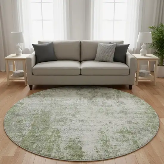 8' Green And Ivory Abstract Washable Round Rug With UV Protection Photo 2