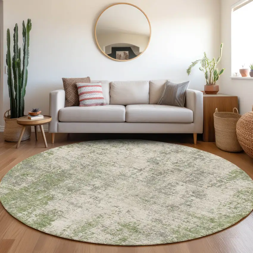 8' Green And Ivory Abstract Washable Round Rug With UV Protection Photo 4