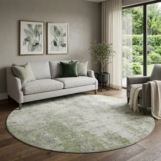 8' Green And Ivory Abstract Washable Round Rug With UV Protection Photo 1