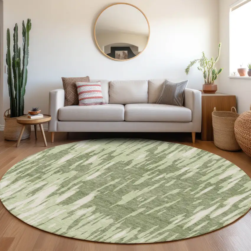 8' Green And Ivory Abstract Washable Round Rug With UV Protection Photo 4
