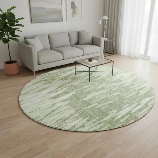 8' Green And Ivory Abstract Washable Round Rug With UV Protection Photo 2