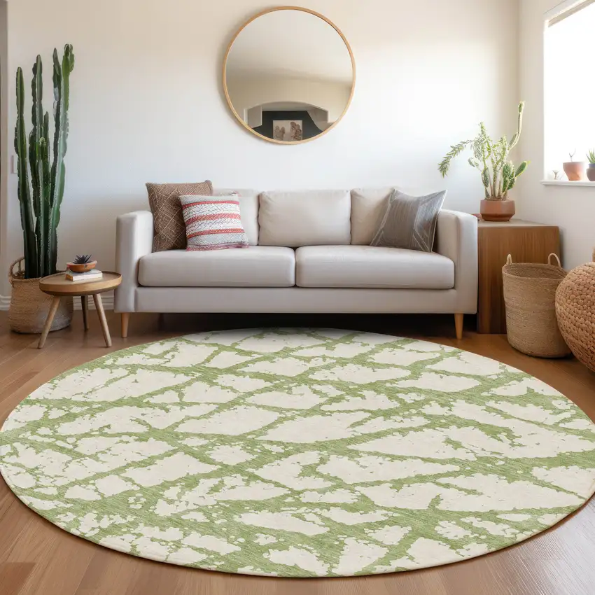 8' Green And Ivory Abstract Washable Round Rug With UV Protection Photo 4