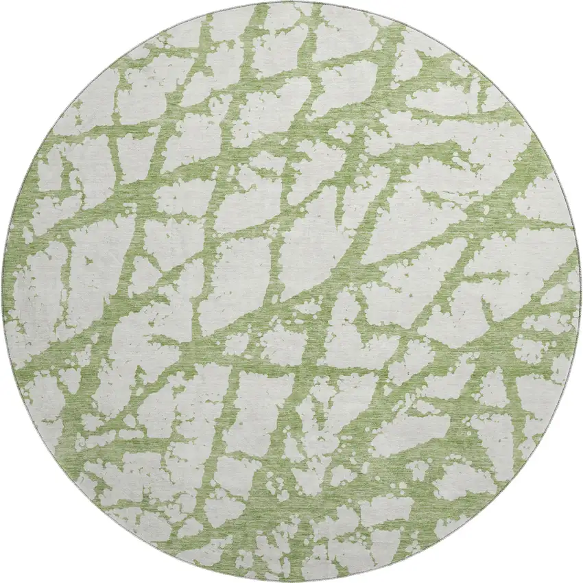 8' Green And Ivory Abstract Washable Round Rug With UV Protection Photo 1