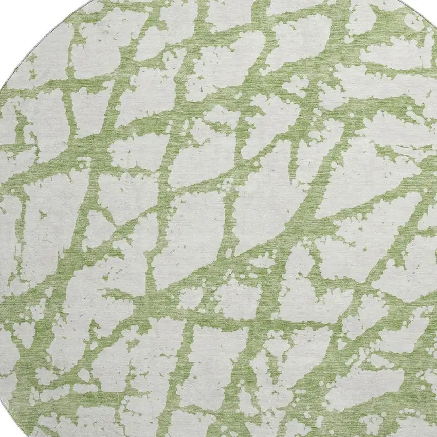 8' Green And Ivory Abstract Washable Round Rug With UV Protection Photo 2