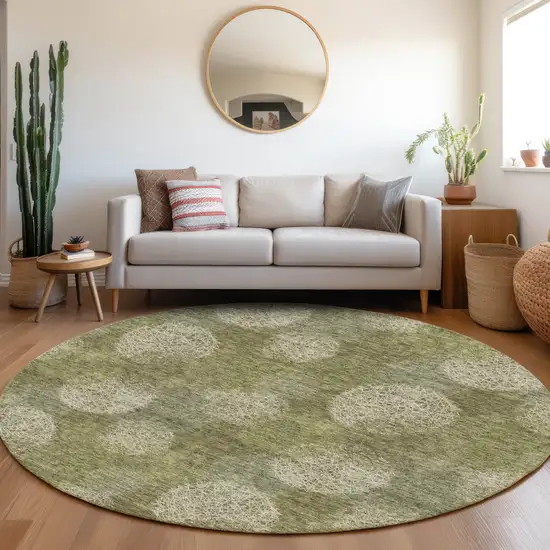 8' Green And Ivory Abstract Washable Round Rug With UV Protection Photo 4