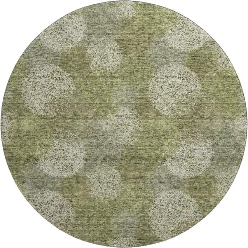 8' Green And Ivory Abstract Washable Round Rug With UV Protection Photo 1