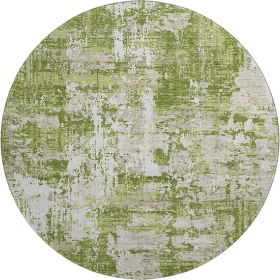 8' Green And Ivory Abstract Washable Round Rug With UV Protection Photo 1
