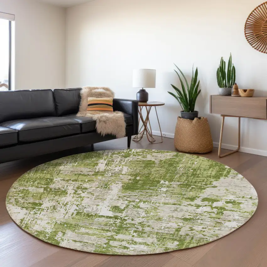 8' Green And Ivory Abstract Washable Round Rug With UV Protection Photo 4