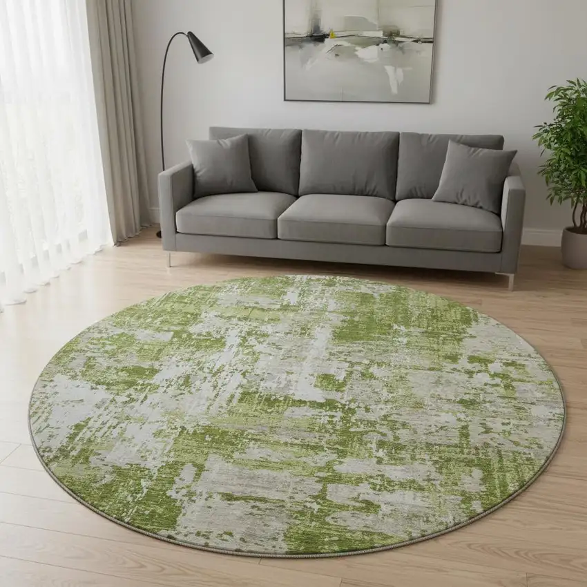 8' Green And Ivory Abstract Washable Round Rug With UV Protection Photo 2