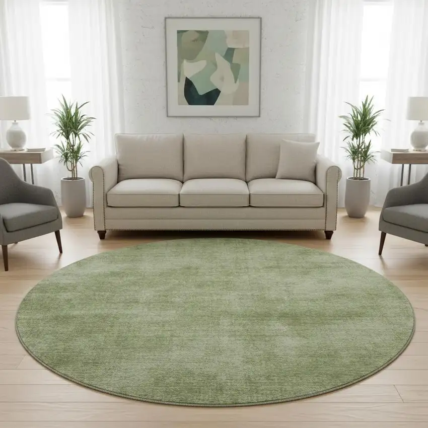 8' Green And Ivory Abstract Washable Round Rug With UV Protection Photo 2