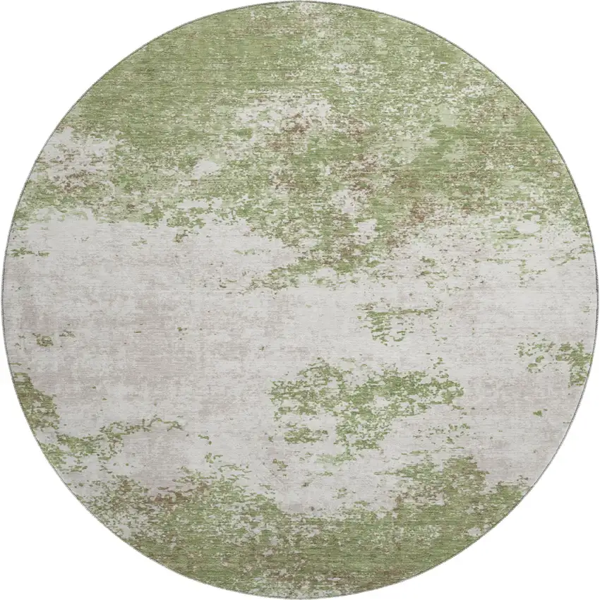 8' Green And Ivory Abstract Washable Round Rug With UV Protection Photo 1