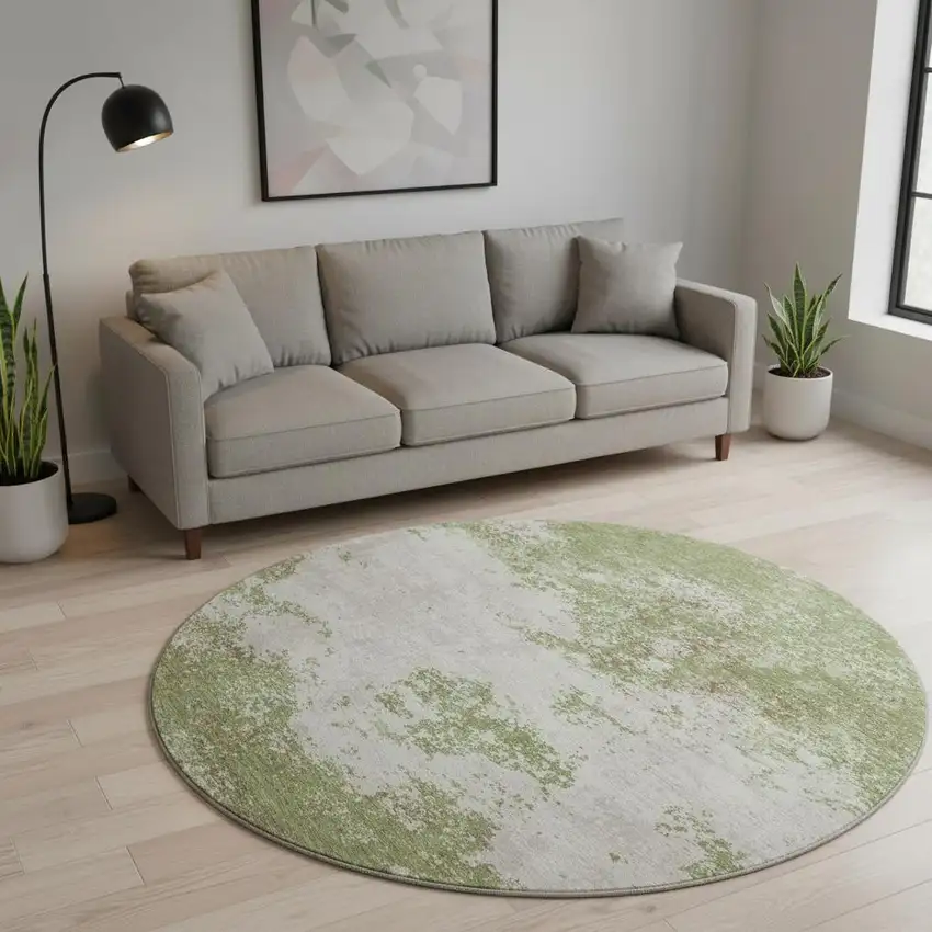 8' Green And Ivory Abstract Washable Round Rug With UV Protection Photo 2