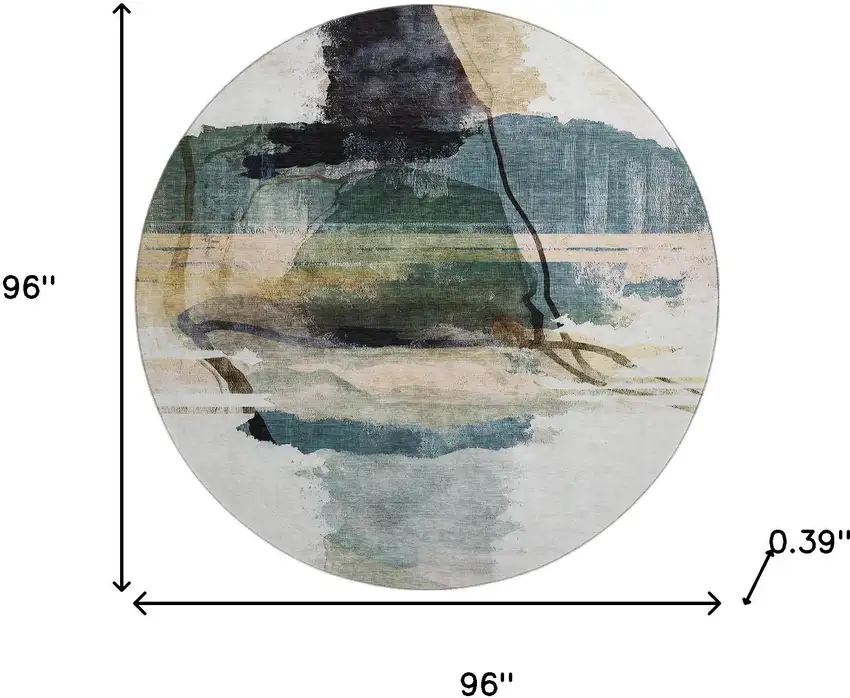 8' Green And Ivory Abstract Washable Round Rug With UV Protection Photo 8