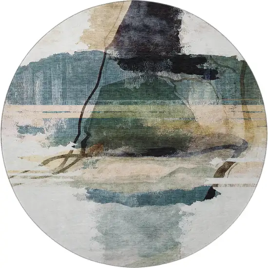 8' Green And Ivory Abstract Washable Round Rug With UV Protection Photo 4