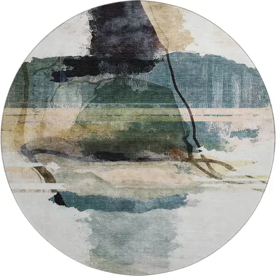 8' Green And Ivory Abstract Washable Round Rug With UV Protection Photo 1