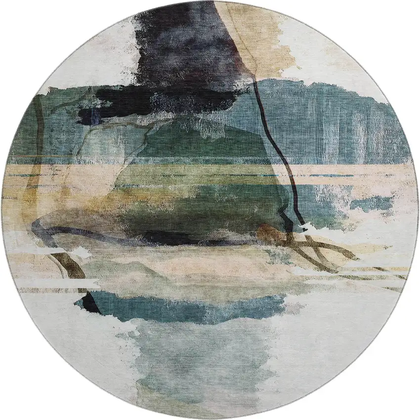 8' Green And Ivory Abstract Washable Round Rug With UV Protection Photo 1