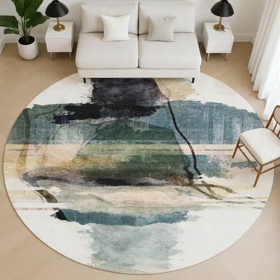 8' Green And Ivory Abstract Washable Round Rug With UV Protection Photo 5