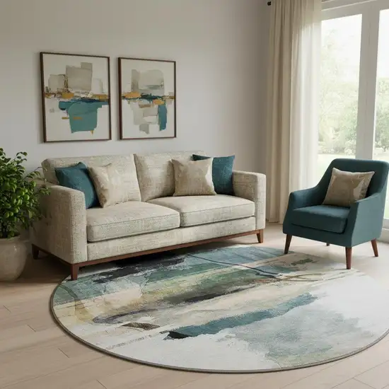 8' Green And Ivory Abstract Washable Round Rug With UV Protection Photo 2
