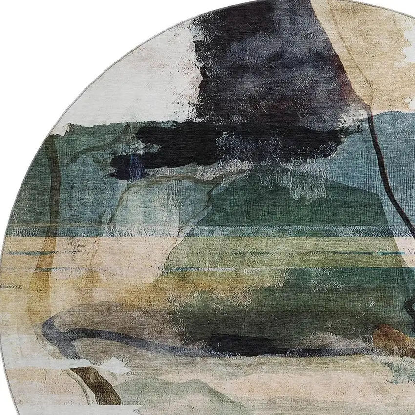 8' Green And Ivory Abstract Washable Round Rug With UV Protection Photo 3