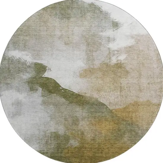8' Green And Ivory Abstract Washable Round Rug With UV Protection Photo 4