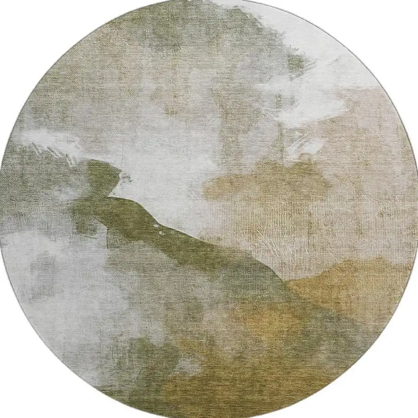 8' Green And Ivory Abstract Washable Round Rug With UV Protection Photo 4