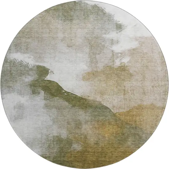8' Green And Ivory Abstract Washable Round Rug With UV Protection Photo 1