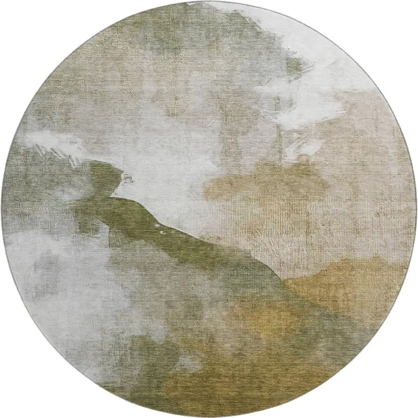 8' Green And Ivory Abstract Washable Round Rug With UV Protection Photo 1