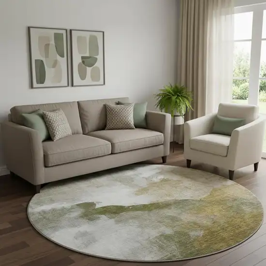 8' Green And Ivory Abstract Washable Round Rug With UV Protection Photo 2