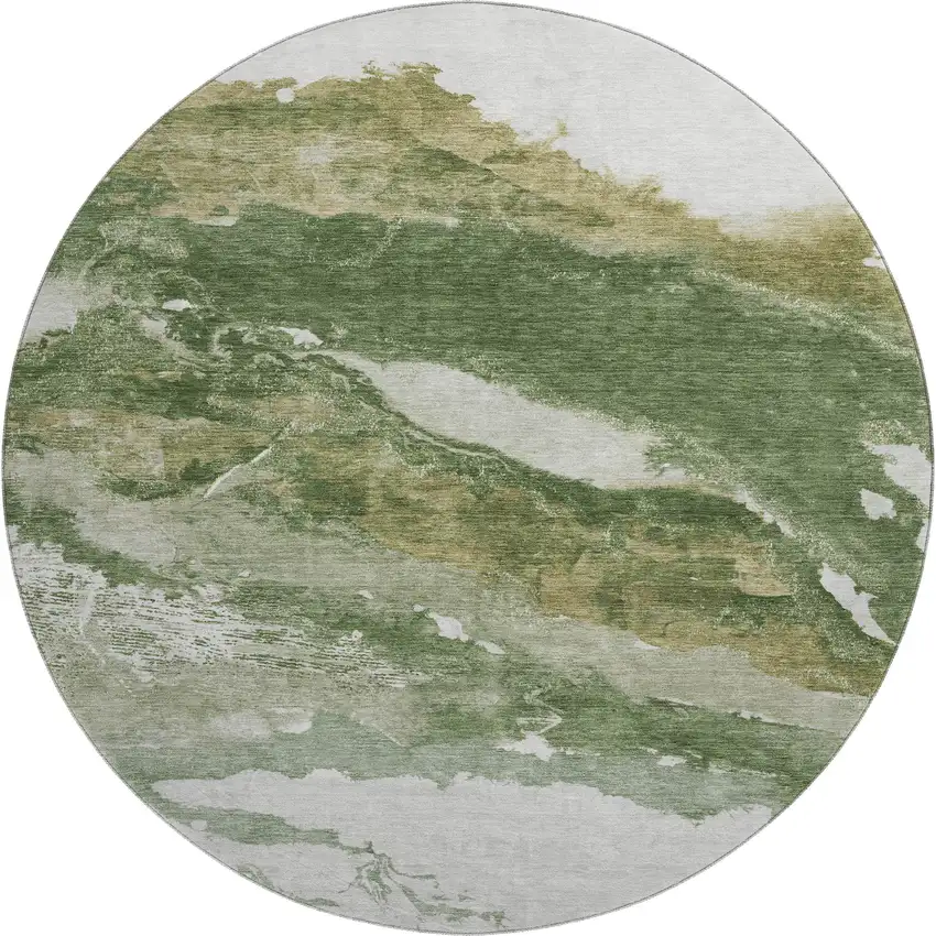 8' Green And Ivory Abstract Washable Round Rug With UV Protection Photo 1