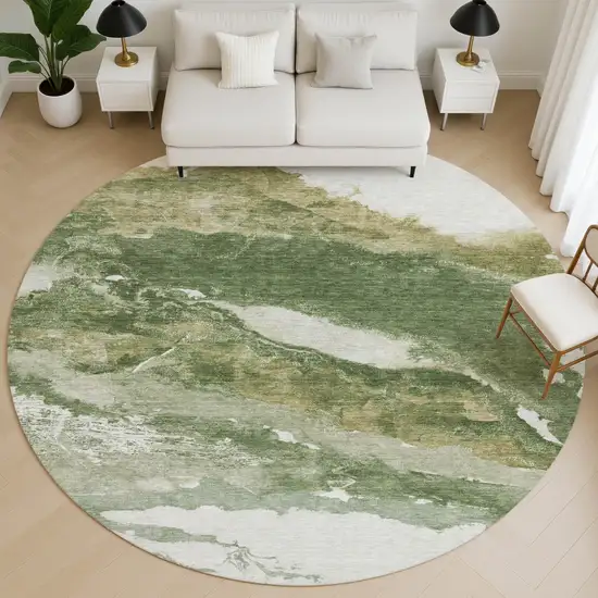 8' Green And Ivory Abstract Washable Round Rug With UV Protection Photo 5