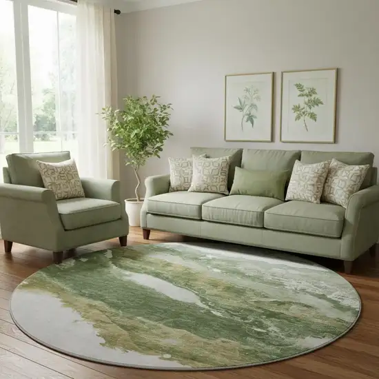 8' Green And Ivory Abstract Washable Round Rug With UV Protection Photo 2