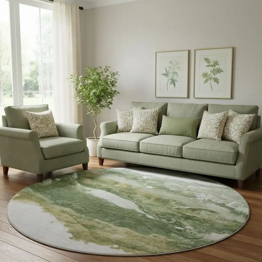 8' Green And Ivory Abstract Washable Round Rug With UV Protection Photo 2