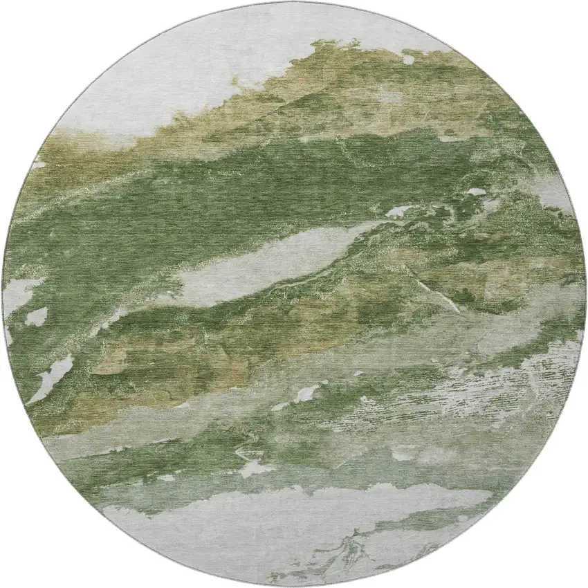 8' Green And Ivory Abstract Washable Round Rug With UV Protection Photo 4