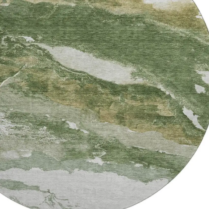 8' Green And Ivory Abstract Washable Round Rug With UV Protection Photo 3